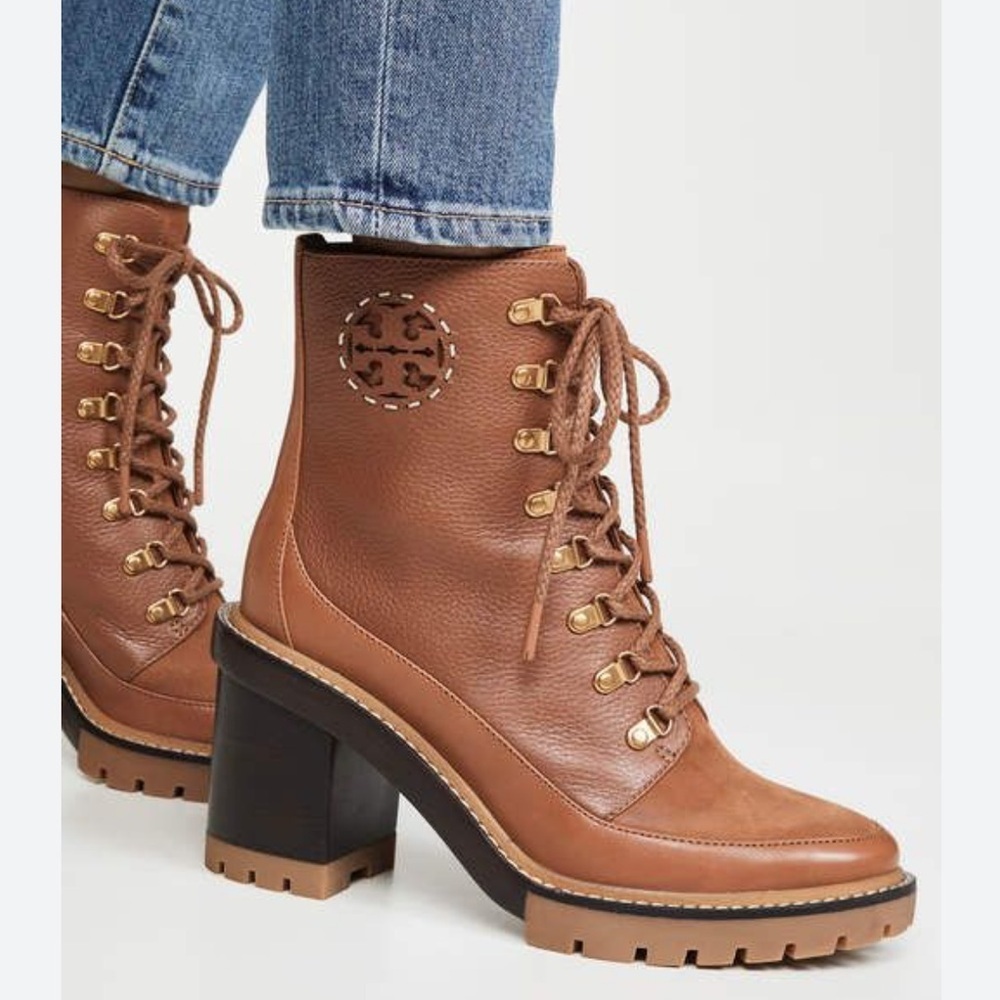 Tory Burch Miller Leather Brown Tan Lug Sole Lace Up Combat Moto Heeled Booties